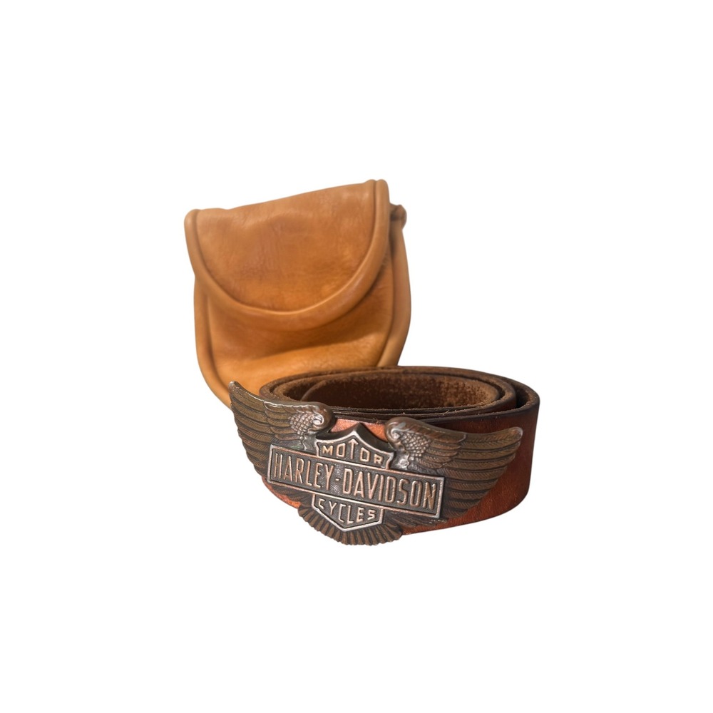 Vintage Harley Davidson Leather Belt with Winged Buckle and Matching Belt Pouch